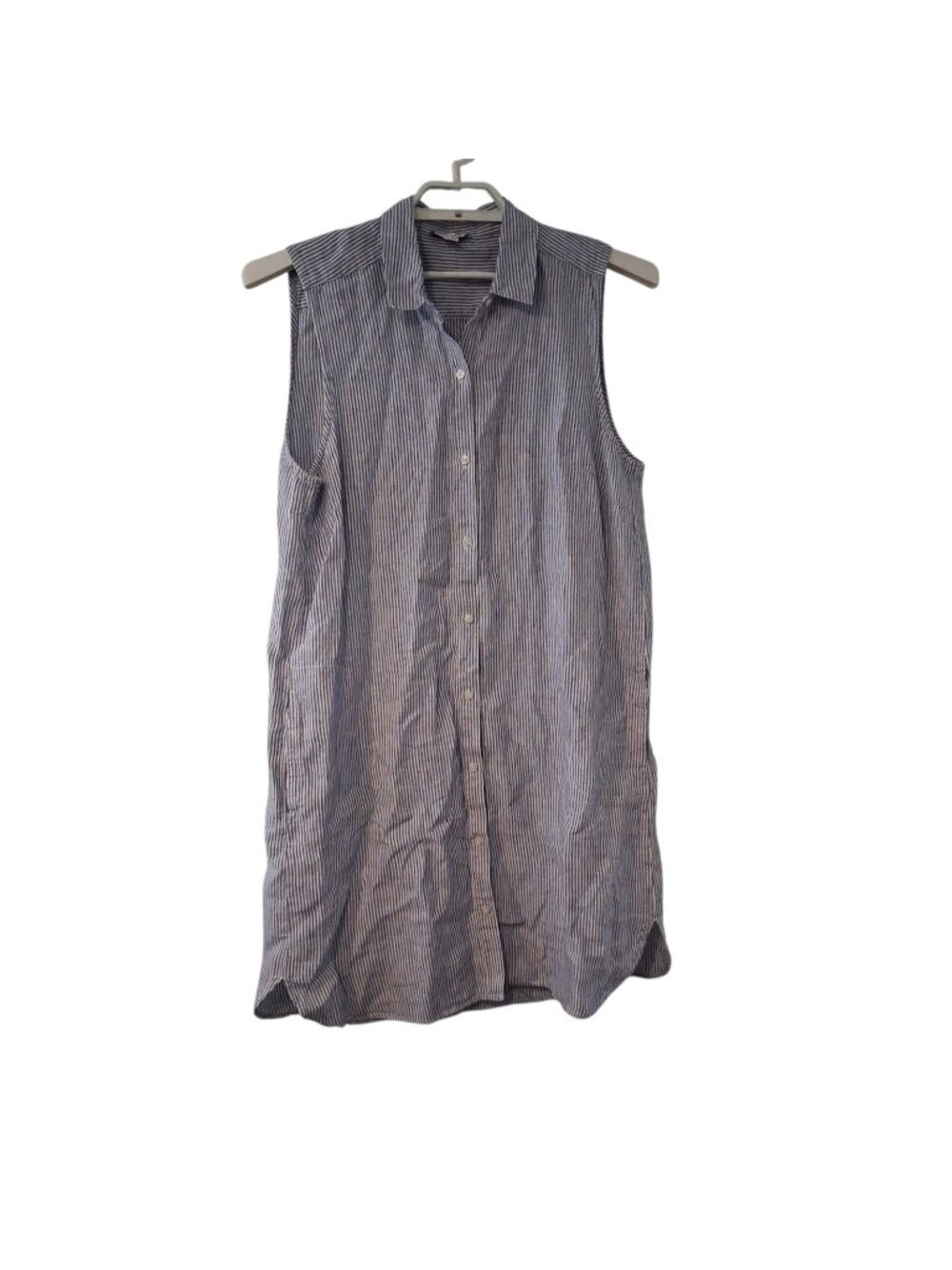 Pure Navy dress womens XL blue white striped 100% linen pockets button up shirt